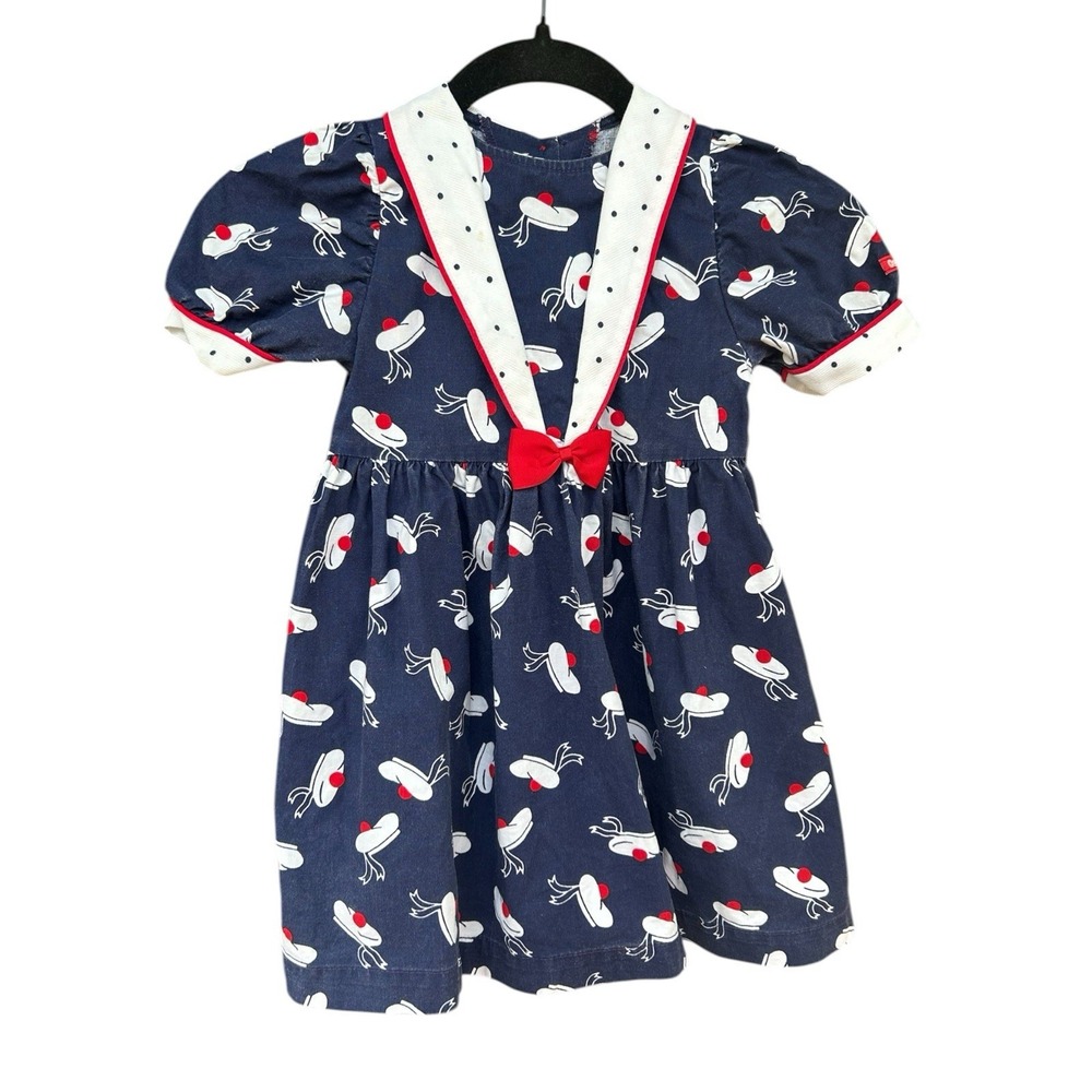 Vintage OshKosh Sailor Beret Hat Girls Dress RARE 4T USA Red White Blue Cotton